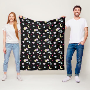 Whimsical Moon, Stars and Clouds Pattern on Black Fleece Deken
