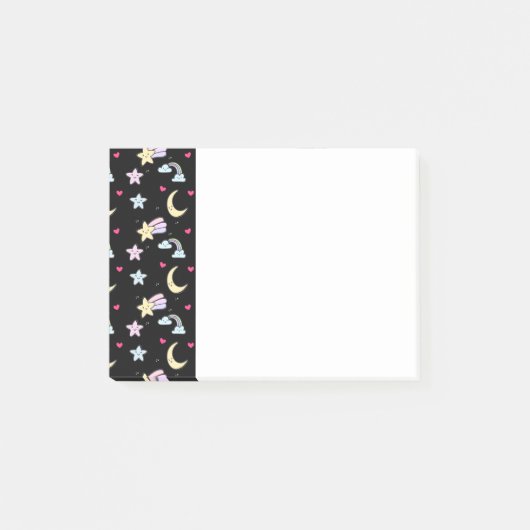Whimsical Moon, Stars and Clouds Pattern on Black Post-it® Notes (Voorkant)
