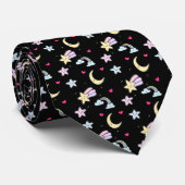 Whimsical Moon, Stars and Clouds Pattern on Black Stropdas (Opgerold)
