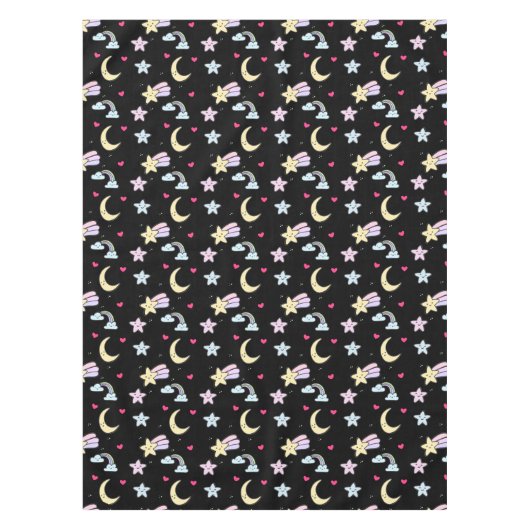 Whimsical Moon, Stars and Clouds Pattern on Black Tafelkleed (Voorkant)