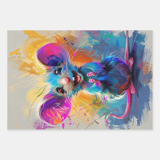 Whimsical Mouse, Birds, Aussie Drip Paint Inpakpapier Vel (Voorkant 3)