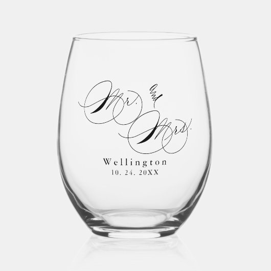 Whimsical Mr & Mrs Calligrafie Bruiloft Wijnglas Zonder Voet (Voorkant)