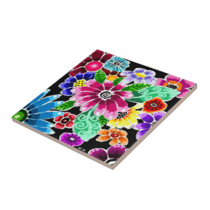 Whimsical Multi-Colour Folk-Art Bloemen Bloemen Bl Tegeltje
