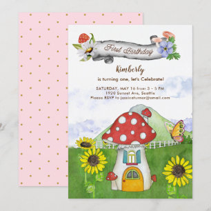 Whimsical Mushroom Bloemen Banner Eerste Verjaarda Kaart