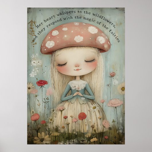 Whimsical Mushroom Fairy in een bloemenweide kunst Poster (Voorkant)