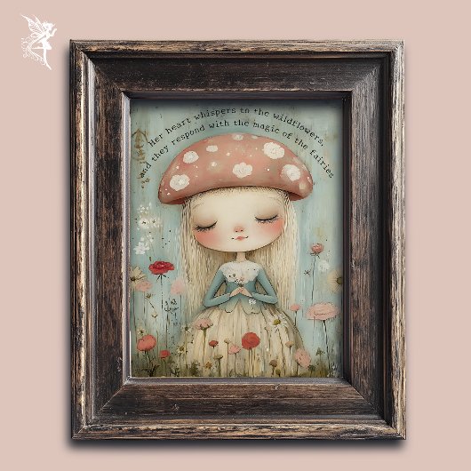 Whimsical Mushroom Fairy in een bloemenweide kunst Poster