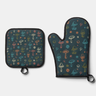 Whimsical Mushroom patroon Ovenwant & Pannenlap Set