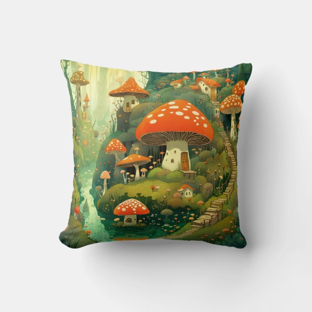 Whimsical Mushroom Village Square Kussen (Voorkant)
