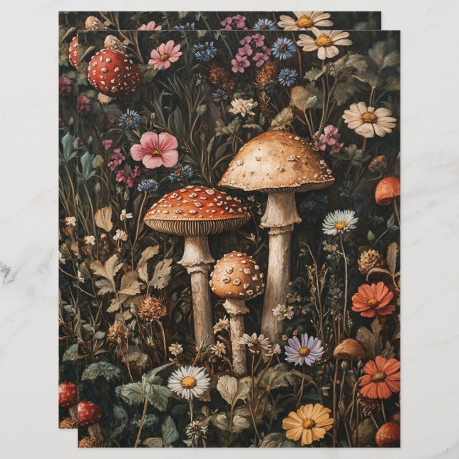Whimsical Mushrooms en Wildflower Scrapbook Papier (Voorkant / Achterkant)