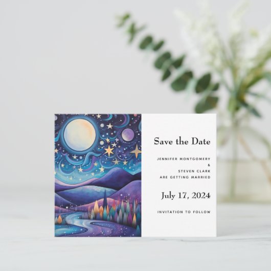 Whimsical Nacht Grote Maan Landschap Bruiloft Aankondigingskaart (Staand voorkant)