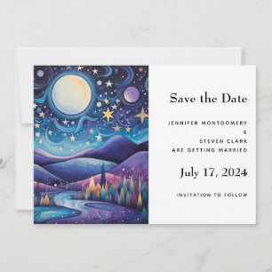 Whimsical Nacht Grote Maan Landschap Bruiloft Save The Date