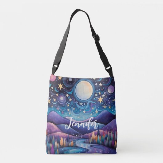 Whimsical nacht grote maan landschap crossbody tas (Achterkant)