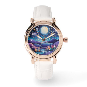 Whimsical nacht grote maan landschap horloge