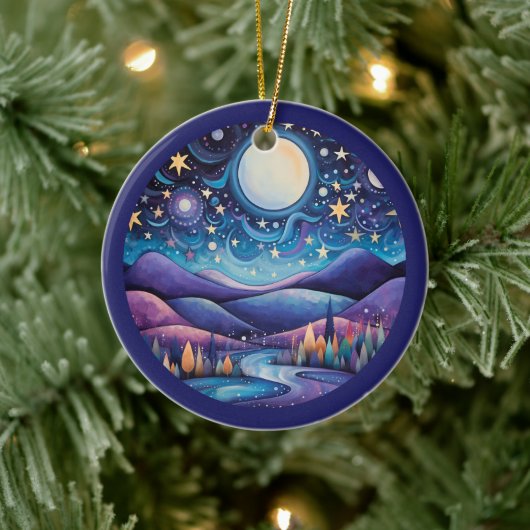 Whimsical nacht grote maan landschap keramisch ornament (Boom)