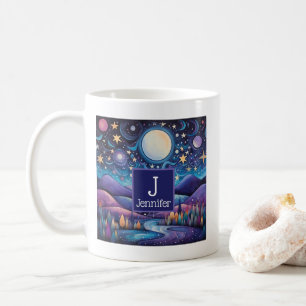 Whimsical nacht grote maan landschap monogram koffiemok