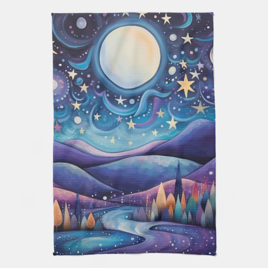 Whimsical nacht grote maan landschap theedoek (Verticaal)