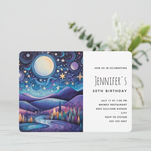 Whimsical Nacht Grote Maan Landschap Verjaardag Kaart (Staand voorkant)