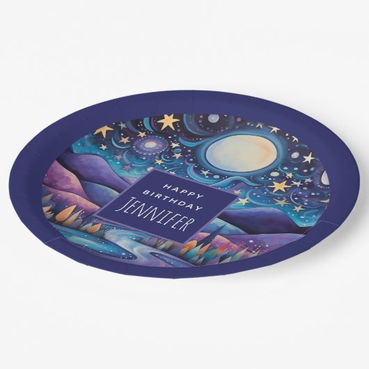 Whimsical Nacht Grote Maan Landschap Verjaardag Papieren Bordje (Gekanteld)