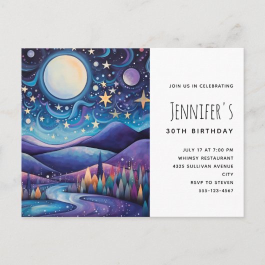 Whimsical Nacht Grote Maan Landschap Verjaardag Uitnodiging Briefkaart (Voorkant)