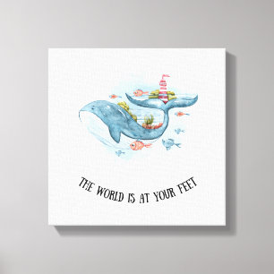 Whimsical Nautical Blue Whale Stretch Canvas Afdru Afdruk