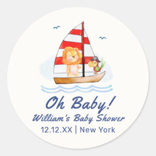 Whimsical Nautical Wild Lion Sailboat Baby shower Ronde Sticker