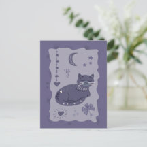 Whimsical Night Cat Folk Art Postcard