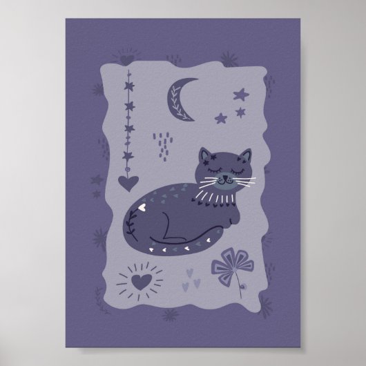 Whimsical Night Cat Folk Art Poster (Devant)