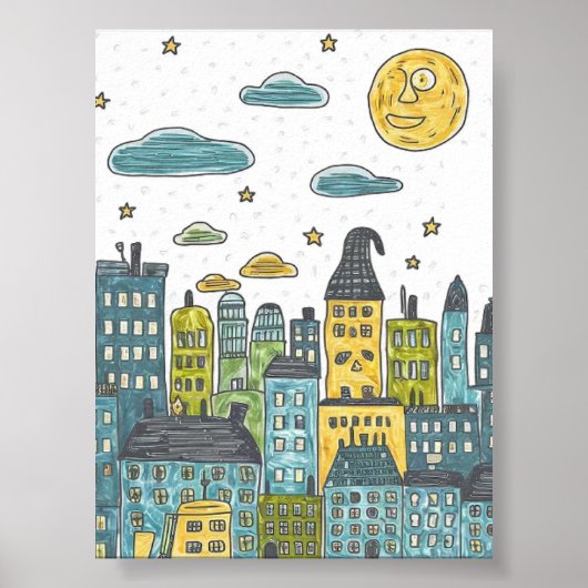 Whimsical Night CityScape – speelse handgetekende Poster (Voorkant)
