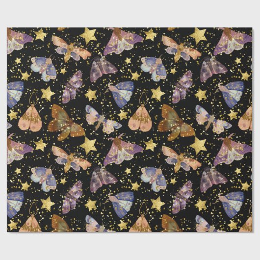 Whimsical Night Moth Butterflies Faux Gold Stars Cadeaupapier (Vlak)