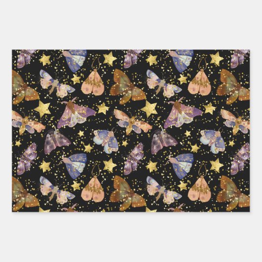 Whimsical Night Moth Butterflies Faux Gold Stars Inpakpapier Vel (Voorkant 3)
