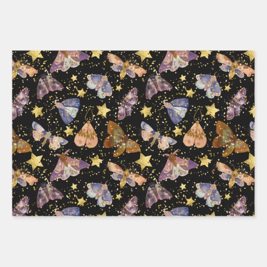 Whimsical Night Moth Butterflies Faux Gold Stars Inpakpapier Vel (Voorkant 2)