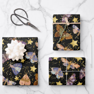 Whimsical Night Moth Butterflies Faux Gold Stars Inpakpapier Vel
