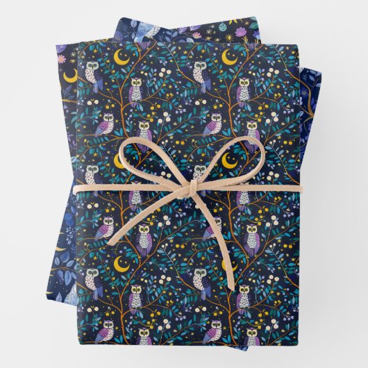 Whimsical Night Owl Pattern – betoverend bos Inpakpapier Vel (In situ)