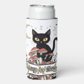 Whimsical noir cat framed by red mushrooms and pal (Seltzer Achterkant)