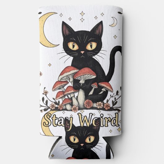 Whimsical noir cat framed by red mushrooms and pal (Voorkant)