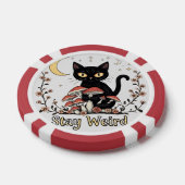 Whimsical noir cat framed by red mushrooms and pal poker chips (Enkel)