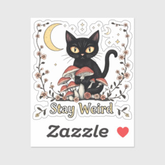 Whimsical noir cat framed by red mushrooms and pal sticker