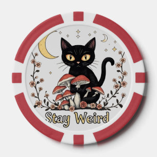 Whimsical noir kat omlijst door rode paddenstoelen poker chips