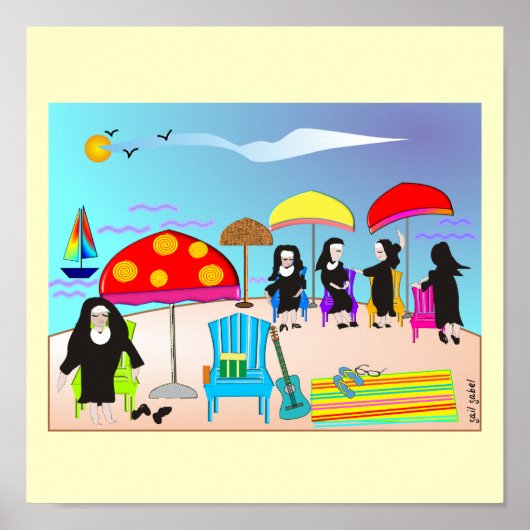 Whimsical Nuns "at the Beach" Art Poster (Voorkant)
