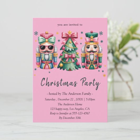 Whimsical Nutcracker& Christmas Tree Holiday Party Kaart (Staand voorkant)
