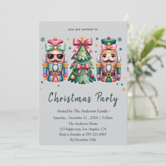 Whimsical Nutcracker& Christmas Tree Holiday Party Kaart (Staand voorkant)