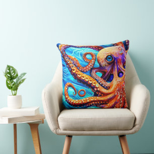 Whimsical Octopus Blue Ocean Wave Cubism Kussen