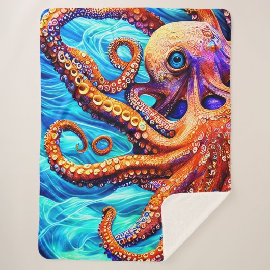 Whimsical Octopus Blue Ocean Wave Cubism Sherpa Deken (Voorkant)