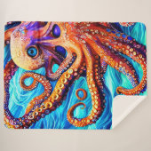 Whimsical Octopus Blue Ocean Wave Cubism Sherpa Deken (Voorkant (horizontaal))