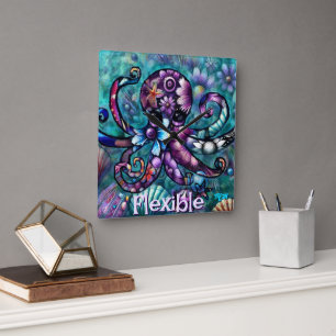 Whimsical Octopus Floral Blauwgroen kust gepersona Vierkante Klok