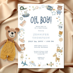 Whimsical Oh Boy Waterverf Doodle Baby shower Kaart