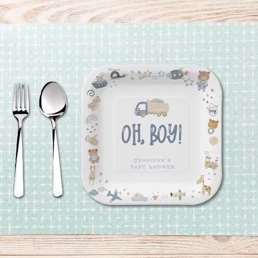 Whimsical Oh Boy Waterverf Doodle Baby shower Papieren Bordje