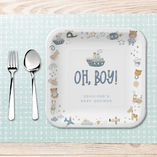 Whimsical Oh Boy Waterverf Doodle Baby shower Papieren Bordje