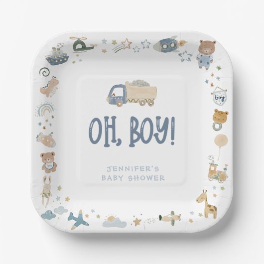 Whimsical Oh Boy Waterverf Doodle Baby shower Papieren Bordje (Voorkant)
