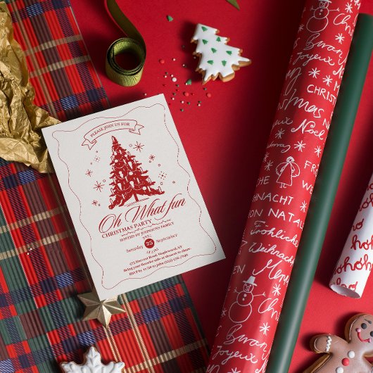 Whimsical Oh What Fun Christmas Tree Red Beige  Kaart